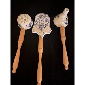 Blue & White Ceramic Kitchen Utensil Set  Wooden Handles Spoon, Server & Funnel